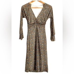 Ruby Patterned 3/4 Sleeve Dress in Blue/Brown/Tan, Juniors Medium